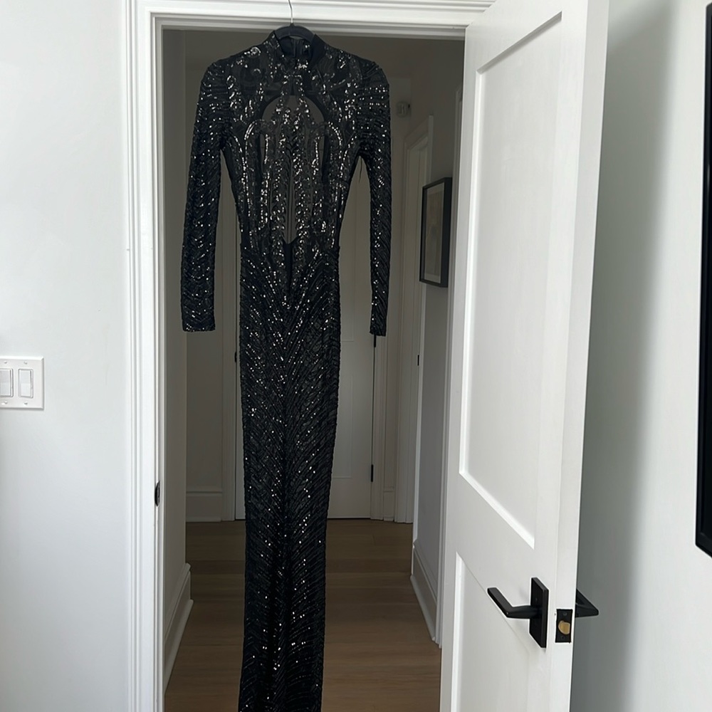Black sheer open back sequin dress gown